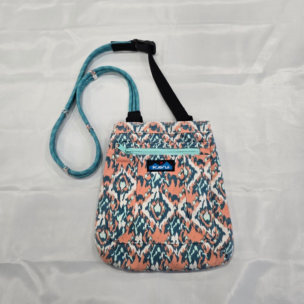 KAVU Keepalong Crossbody Bag Coral Turquoise Canvas Sling‎ Rope Beach